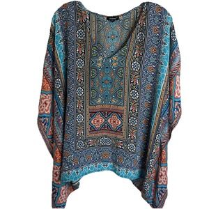 Tolani Vibrant Geometric Women's 100% Silk Poncho Blouse Swim Cover Up Large
